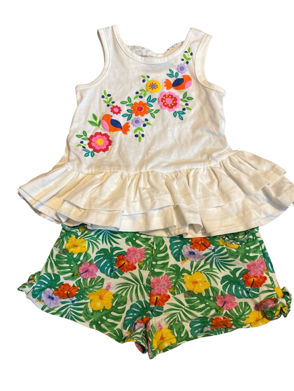 White Floral Bird Tank Top and Tropical Green Floral Shorts Set
